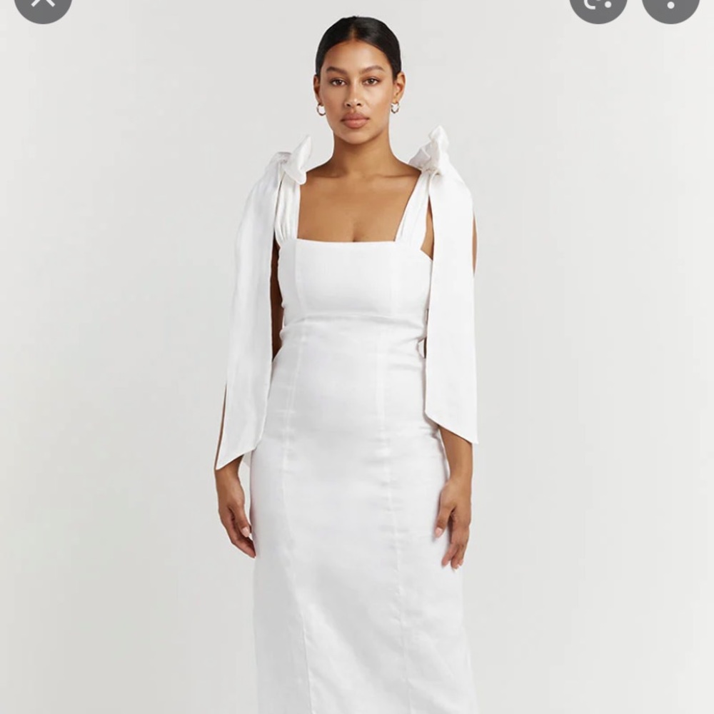 DISSH AISLE WHITE LINEN MIDI DRESS